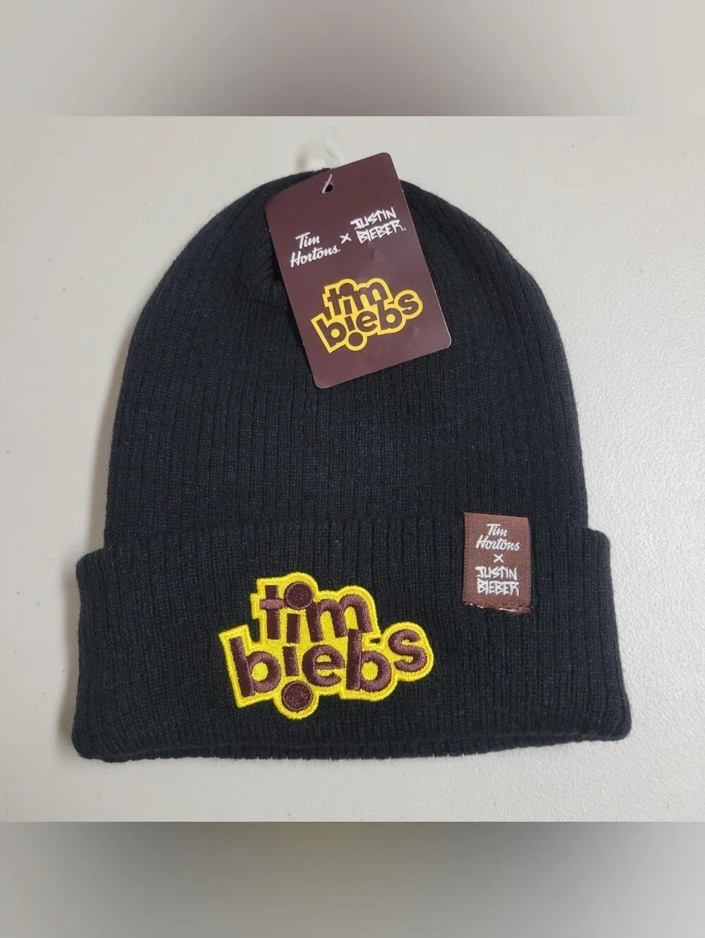NWT Justin Bieber X Tim Hortons Black 'Tim Biebs' Beanie Hat Cap.